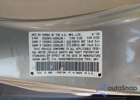 2005 Honda Cr-V Ex z USA, uszkodzony, nr VIN SHSRD78855U333245